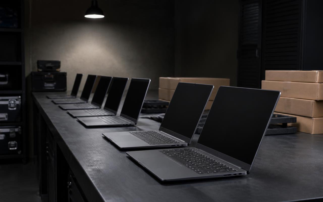 New laptops lined up and configured on a workbench before deployment