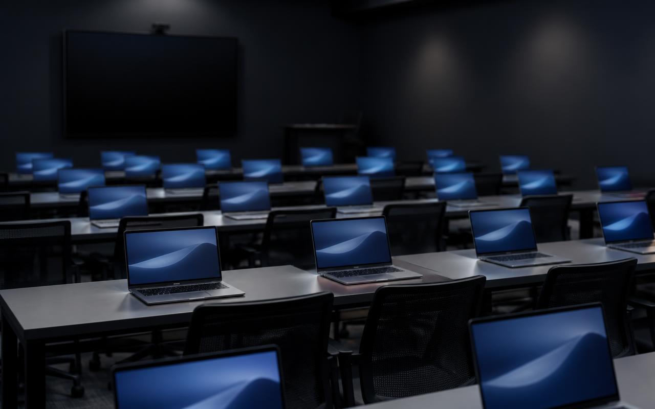 Student laptops prepared for classroom use at Sarodgini Private Elementary School