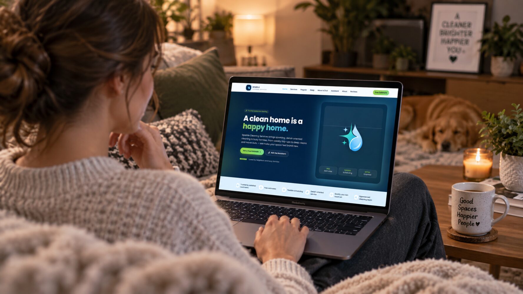 Sparkle Clean cleaning service website shown on a laptop screen